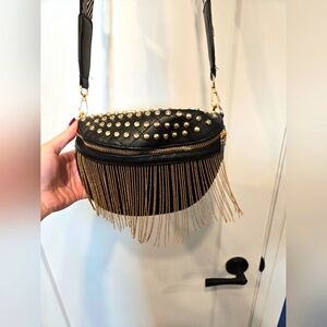 Super cute gold/black bum bag satchel purse with gold bead fringe and studs